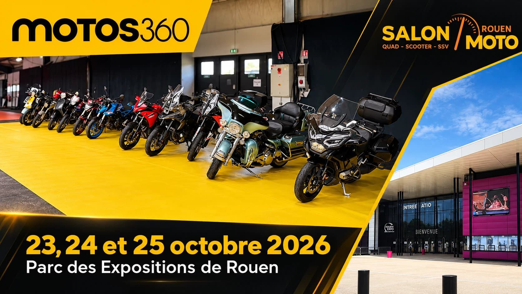Stand MOTOS360 au Salon de la Moto de Rouen, les 23, 24 et 25 octobre 2026 au Parc des Expositions de Rouen